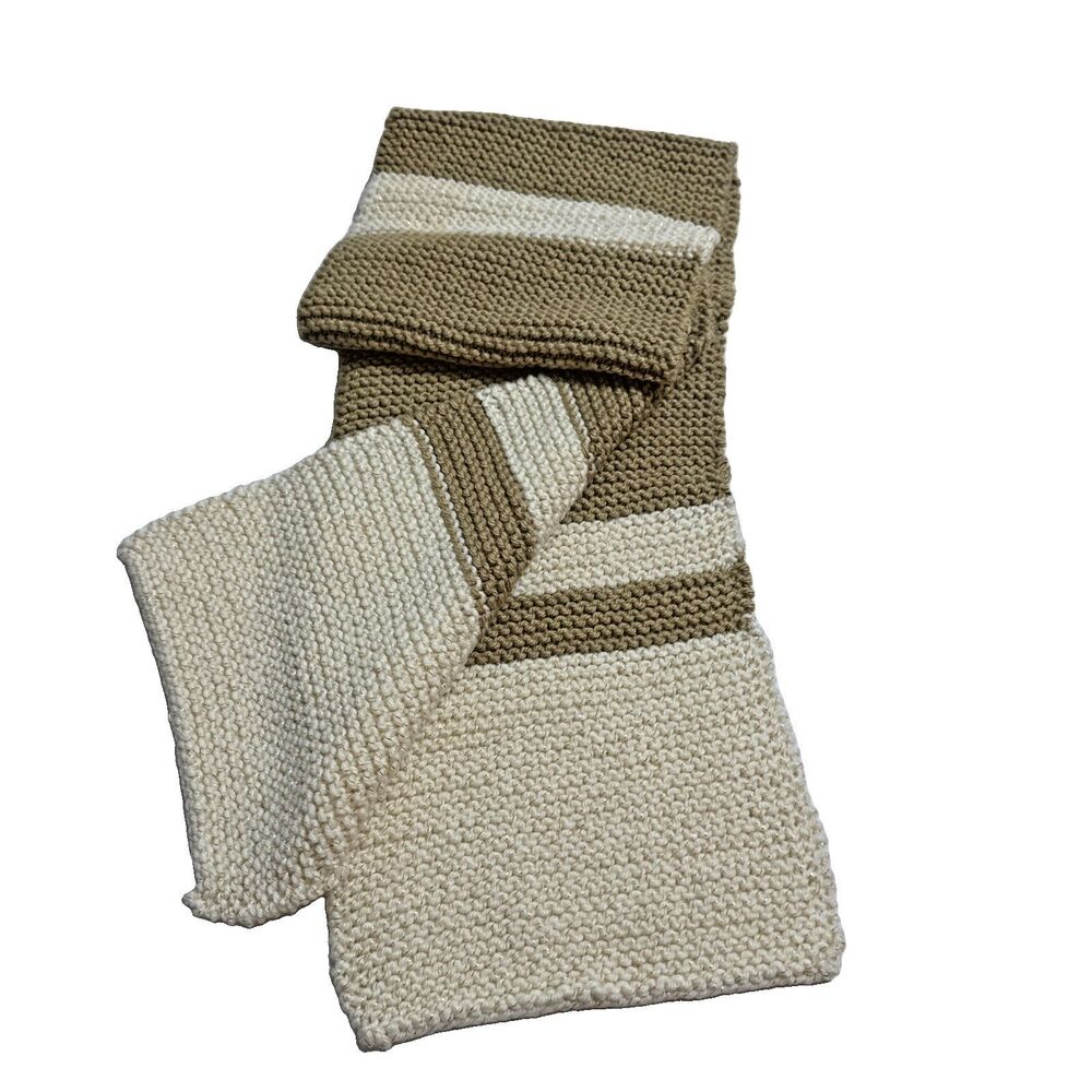 Knit Sweater Neck Scarf  Wrap Tan Beige Metallic Threads 46” Long 8.25” Wide